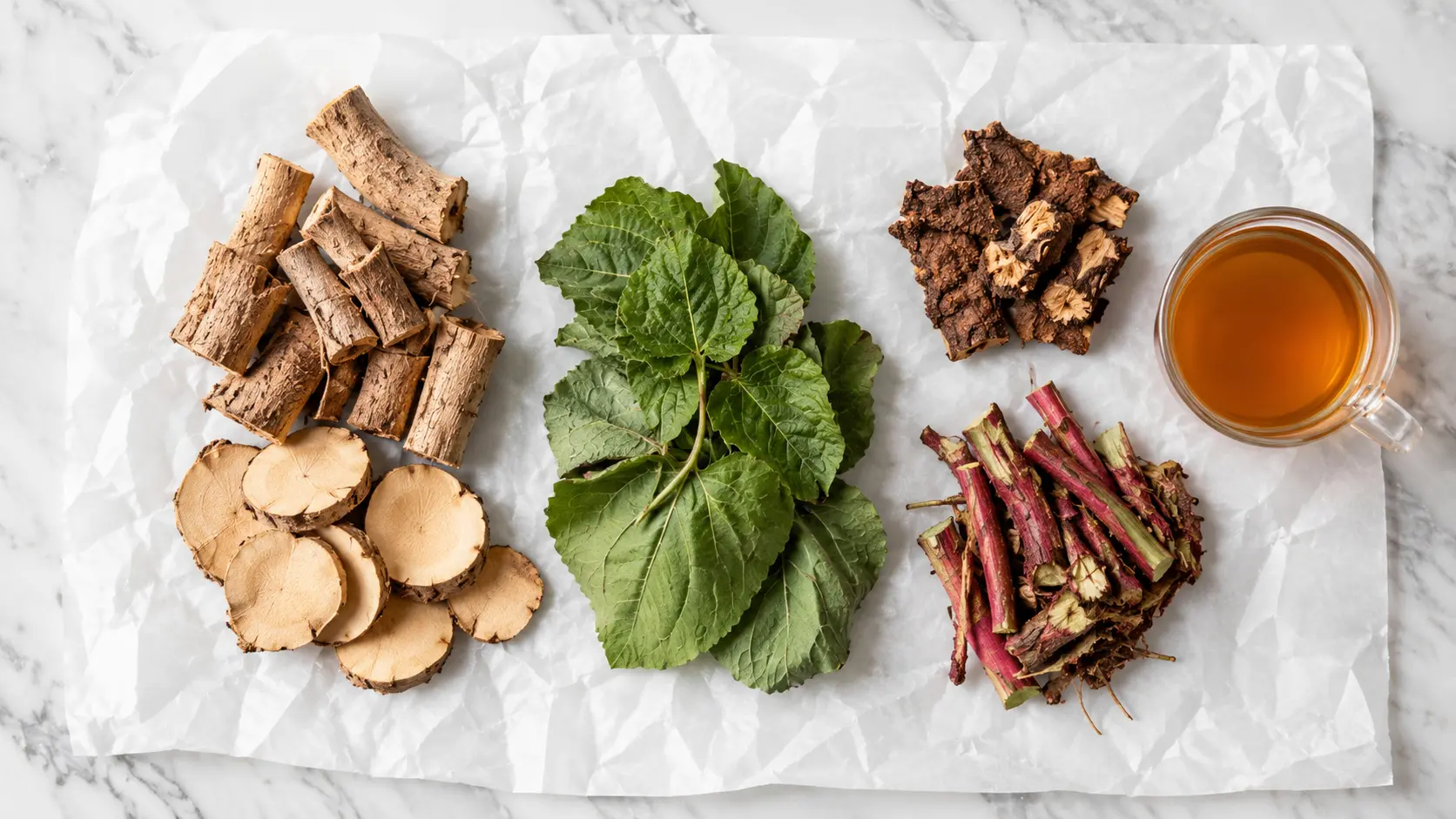 Essiac tea recipe ingredients measured for brewing