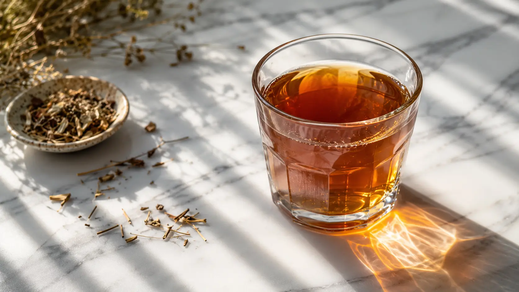 Essiac tea recipe in a glass mug with four herbs