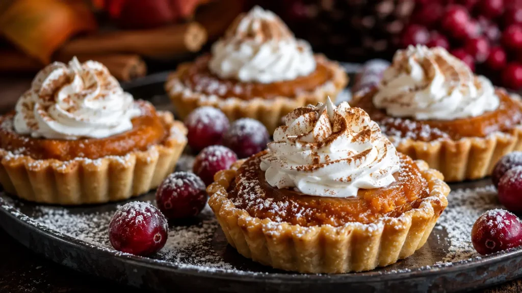 Mini pumpkin pies with whipped cream on a rustic fall dessert table