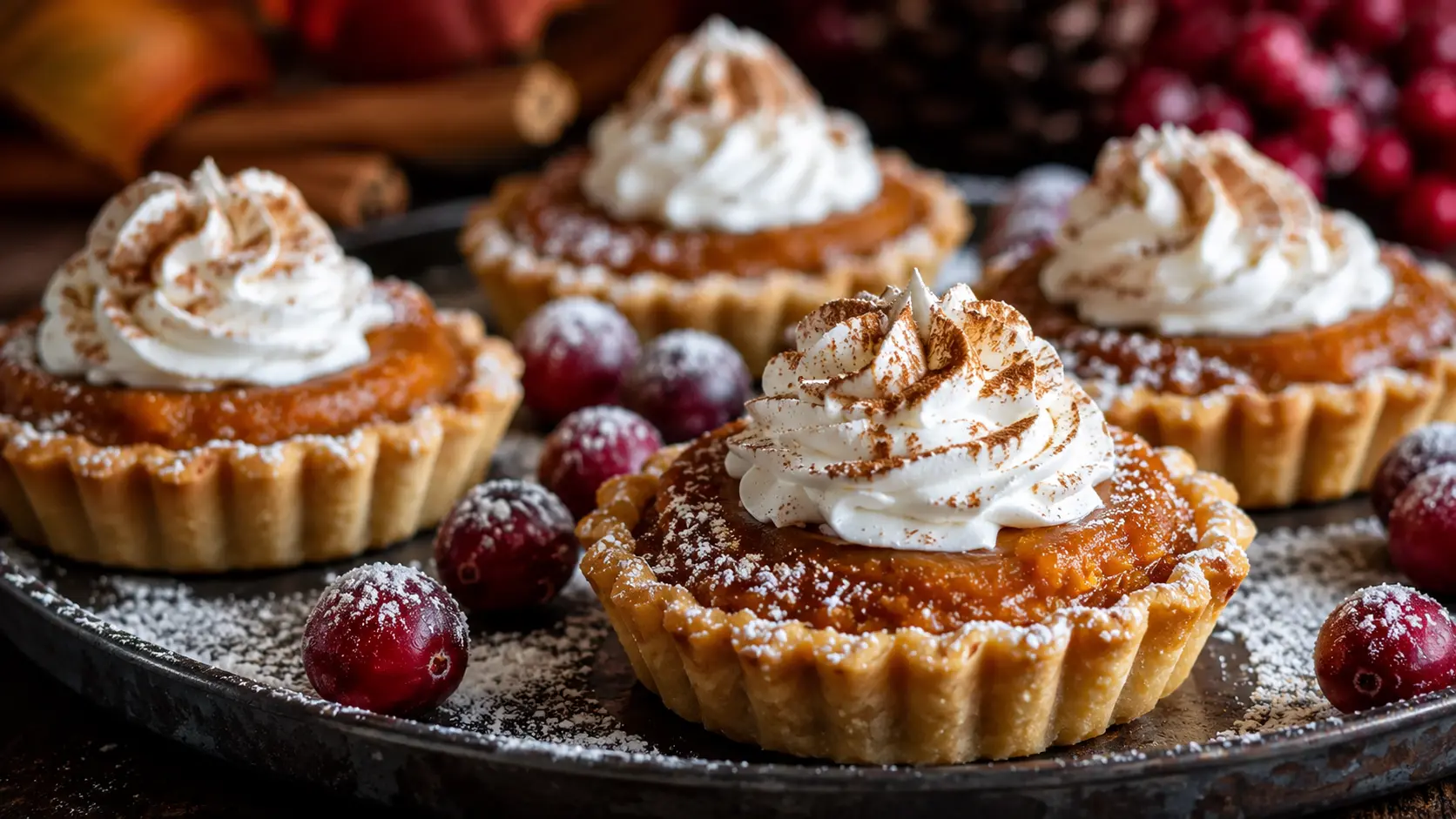 Mini pumpkin pies with whipped cream on a rustic fall dessert table