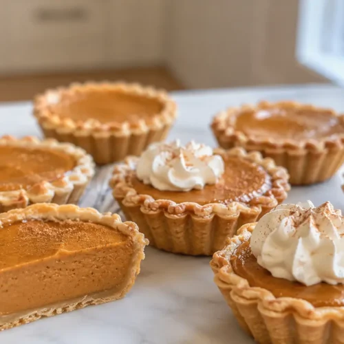 Cut-open mini pumpkin pies showing creamy spiced pumpkin filling