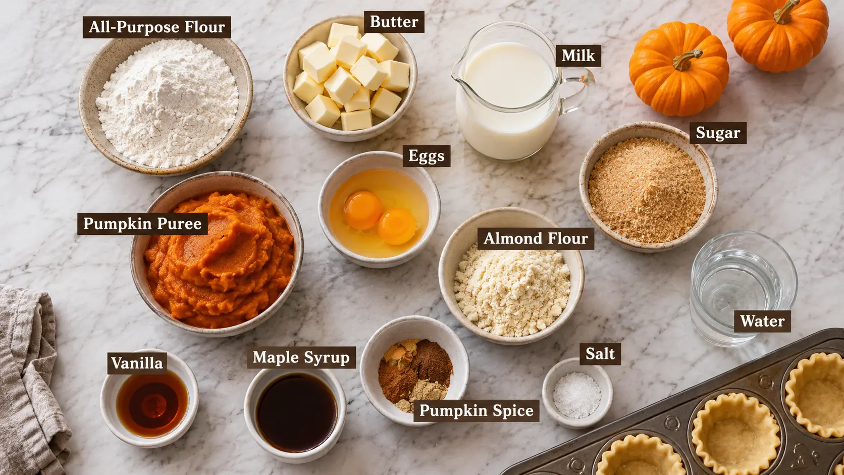Ingredients for mini pumpkin pies arranged beside a muffin tin
