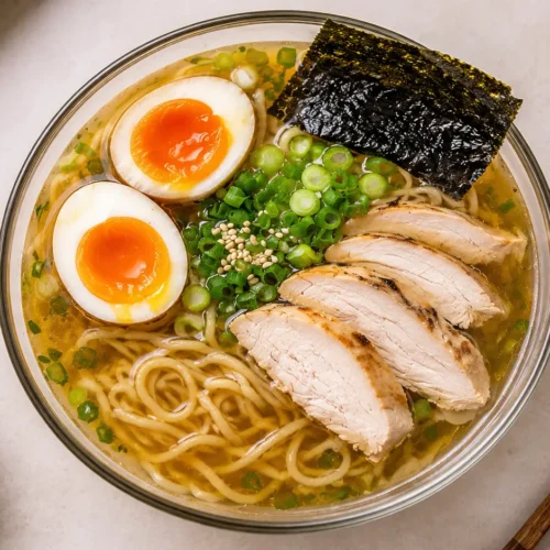 two bowls of Japanese ramen broth recipe with noodles, jammy egg, and nori served on dark slate