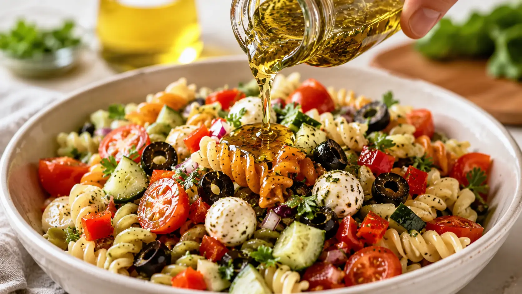 Italian pasta salad tossed with vegetables, mozzarella, herbs, and dressing