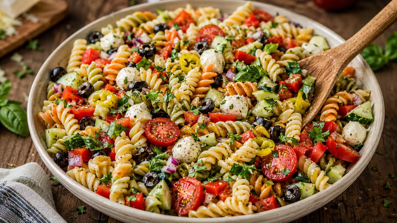 Italian pasta salad with rotini, vegetables, mozzarella, and zesty dressing