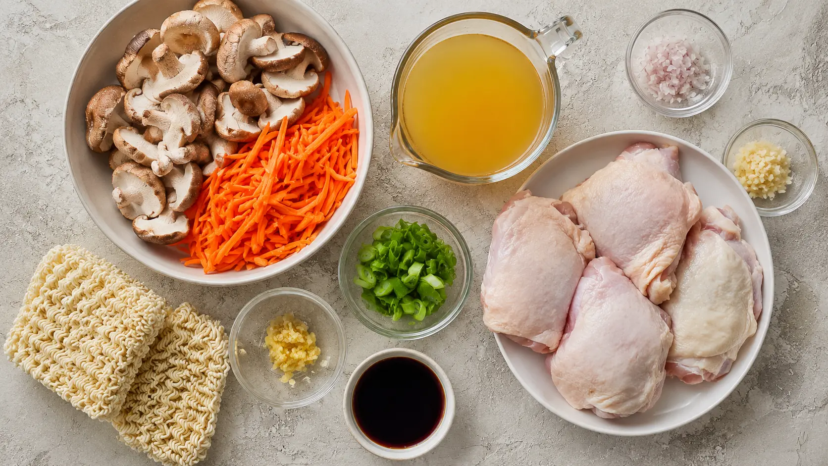 chicken ramen recipe ingredients with garlic ginger chicken and noodles