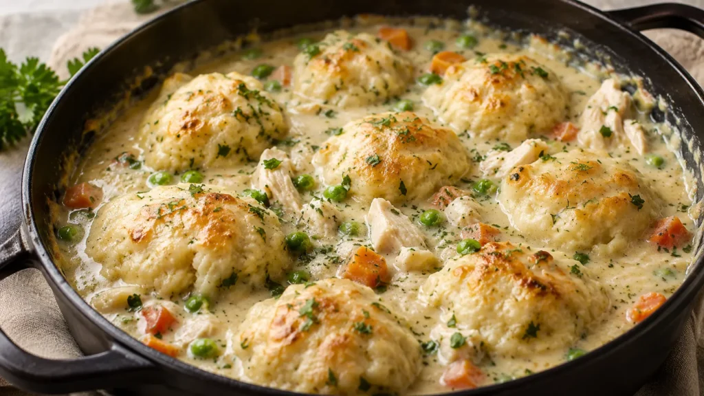 Chicken and Dumplings in a creamy broth with fluffy dumplings