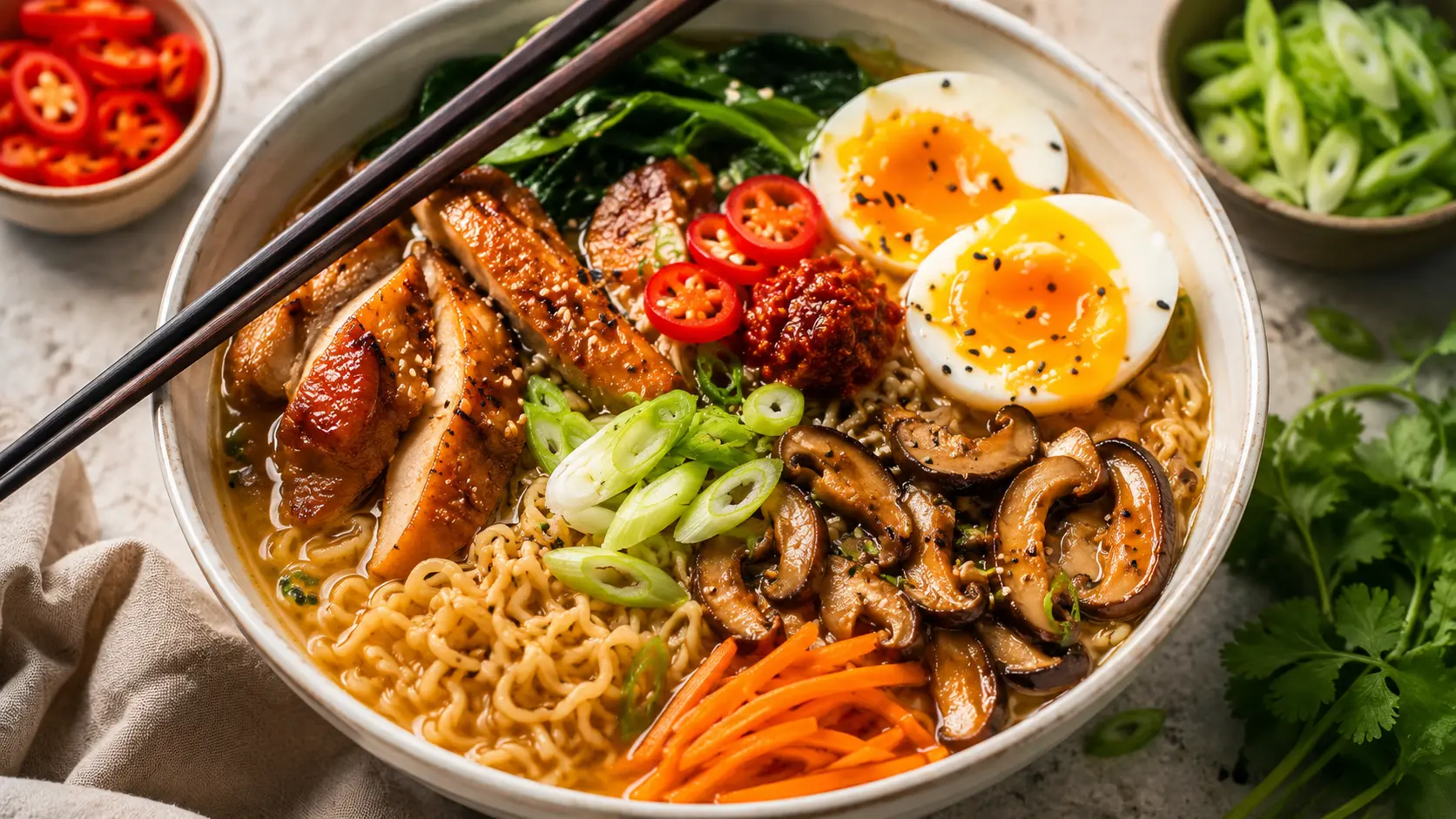chicken ramen recipe served in four bowls with eggs and toppings