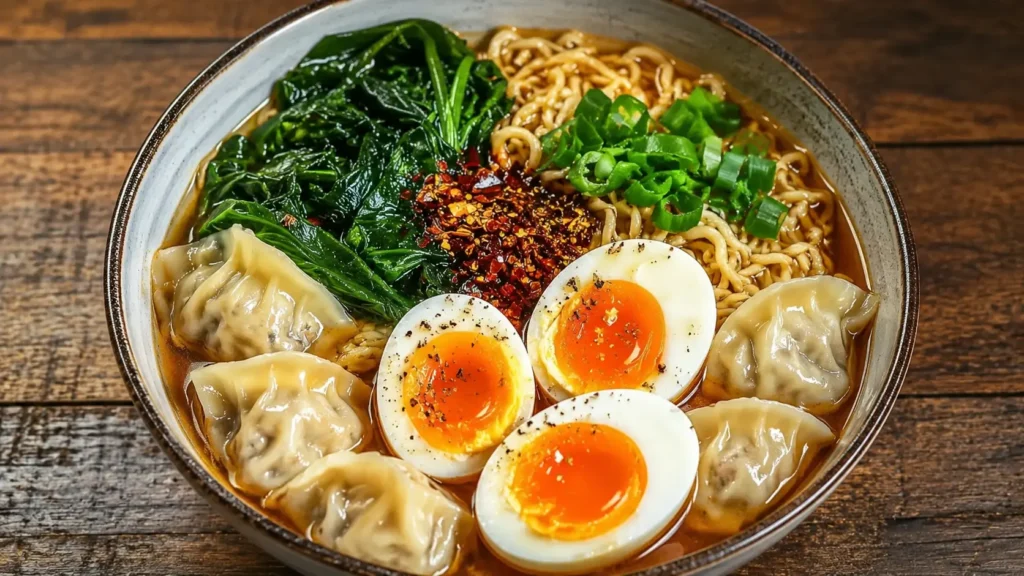 Dumpling Ramen Bowl with noodles dumplings eggs spinach and green onions