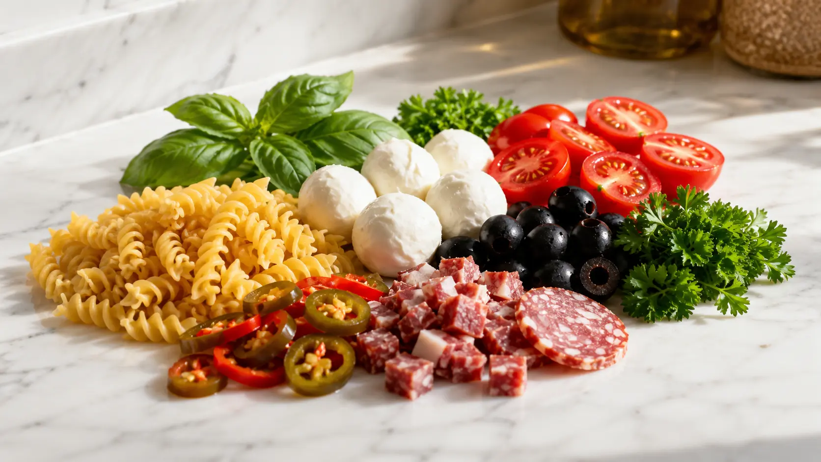 Italian pasta salad ingredients with rotini, fresh vegetables, cheese, and dressing items