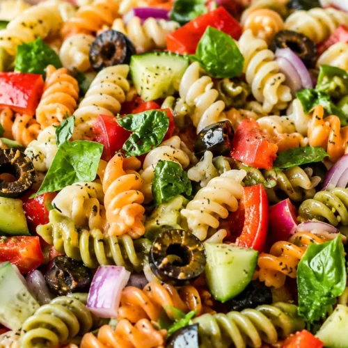 Italian pasta salad serving with rotini, mozzarella, vegetables, and fresh basil