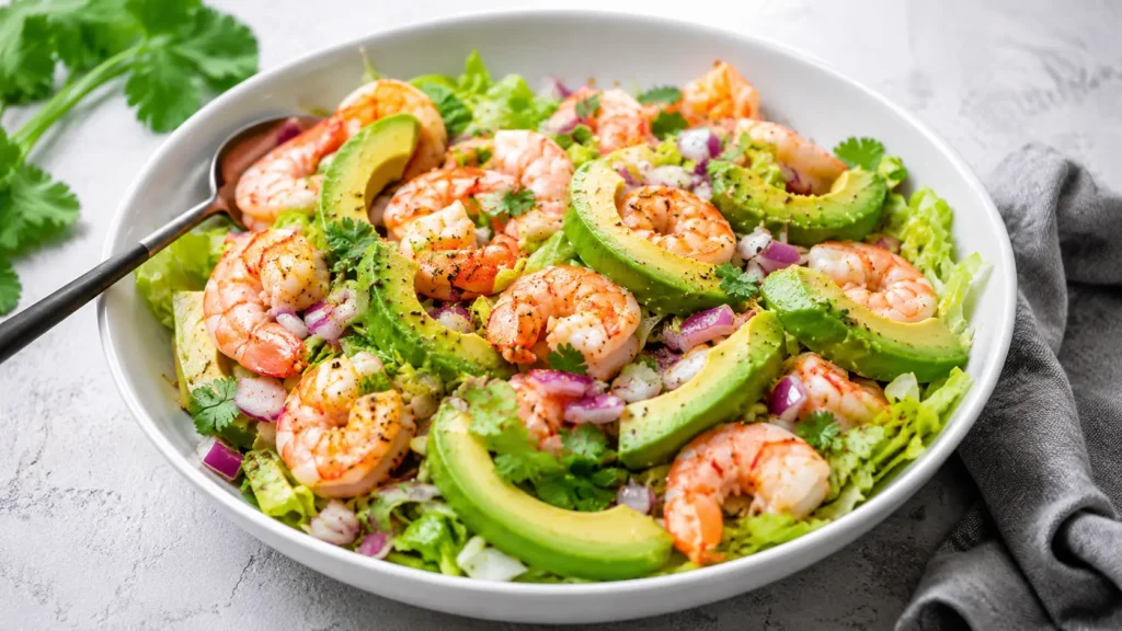 Shrimp Avocado Salad with avocado, lettuce, red onion, and lime dressing
