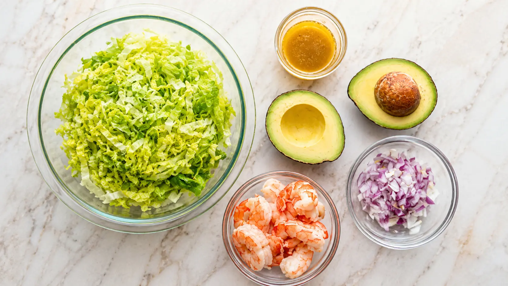 Shrimp Avocado Salad: Fresh, Easy Summer Favorite 4 Shrimp Avocado Salad ingredients with shrimp, avocado, lettuce, lime, and cumin