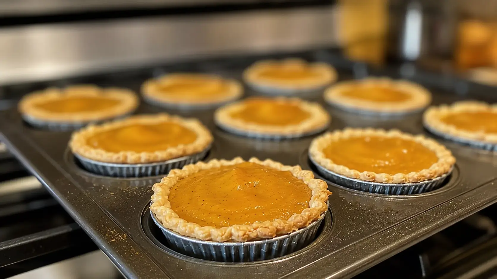 Freshly baked mini pumpkin pies cooling in a muffin tin