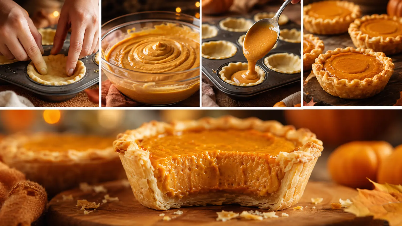 Mini pumpkin pies pastry shells shaped in a muffin tin