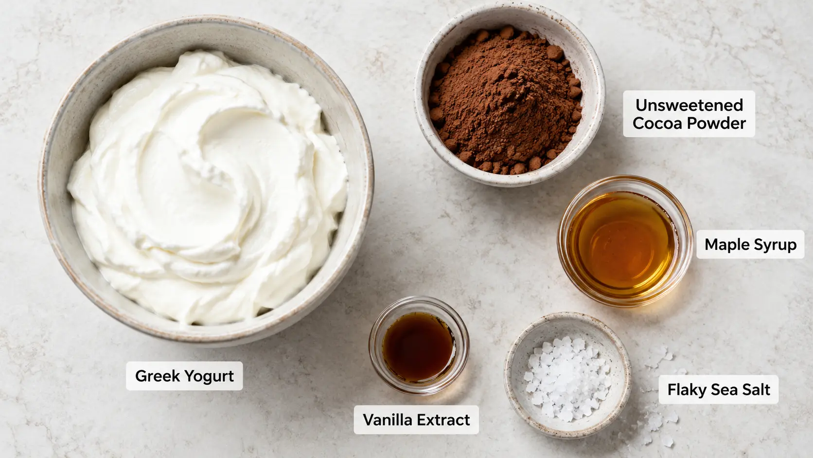 Chocolate Greek Yogurt: Amazing 5-Minute Creamy Dessert Bowl 4 chocolate greek yogurt ingredients with cocoa maple vanilla and salt