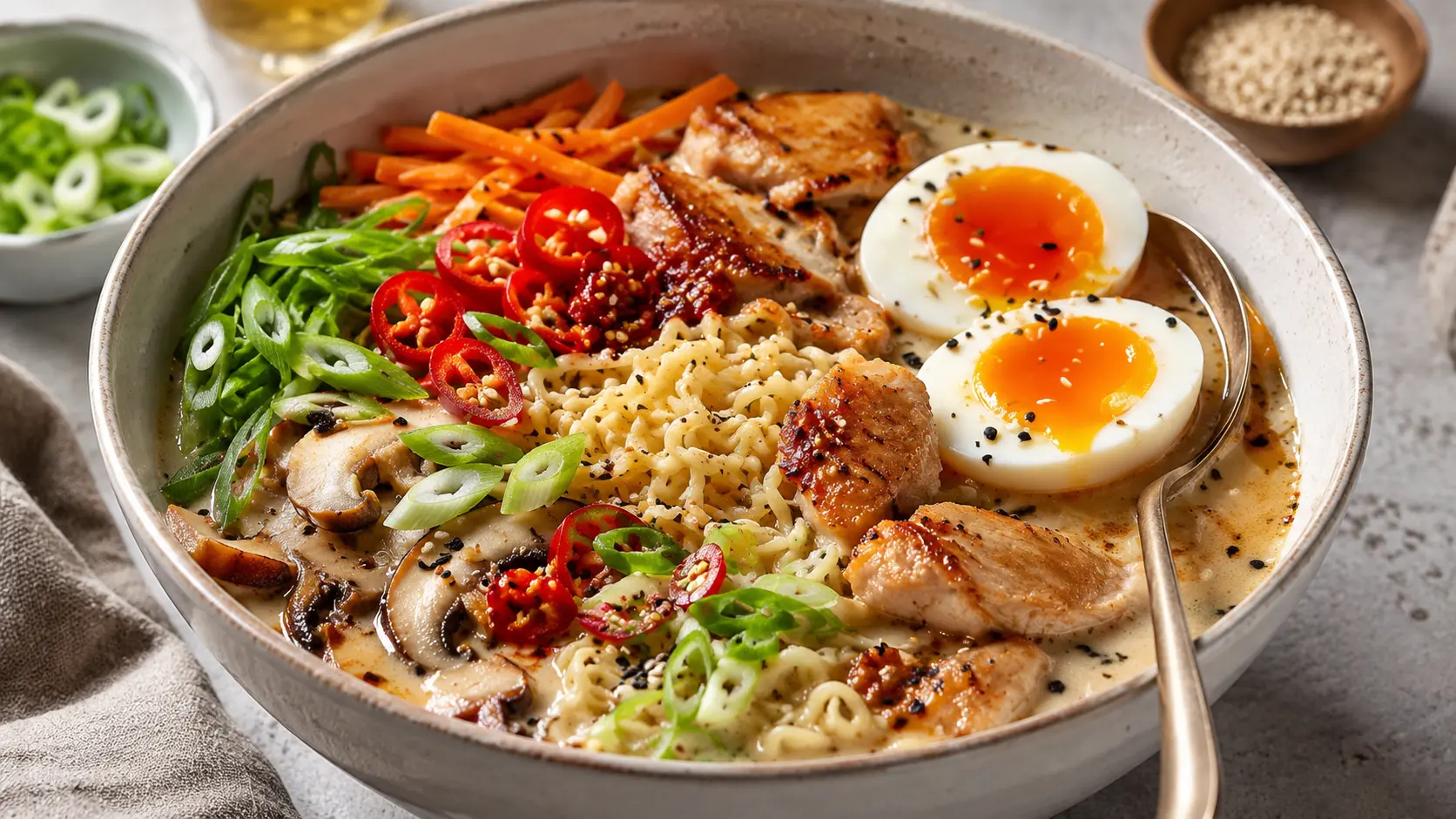 chicken ramen recipe with shredded chicken noodles eggs and chili oil