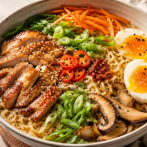 chicken ramen recipe card with finished ramen bowl