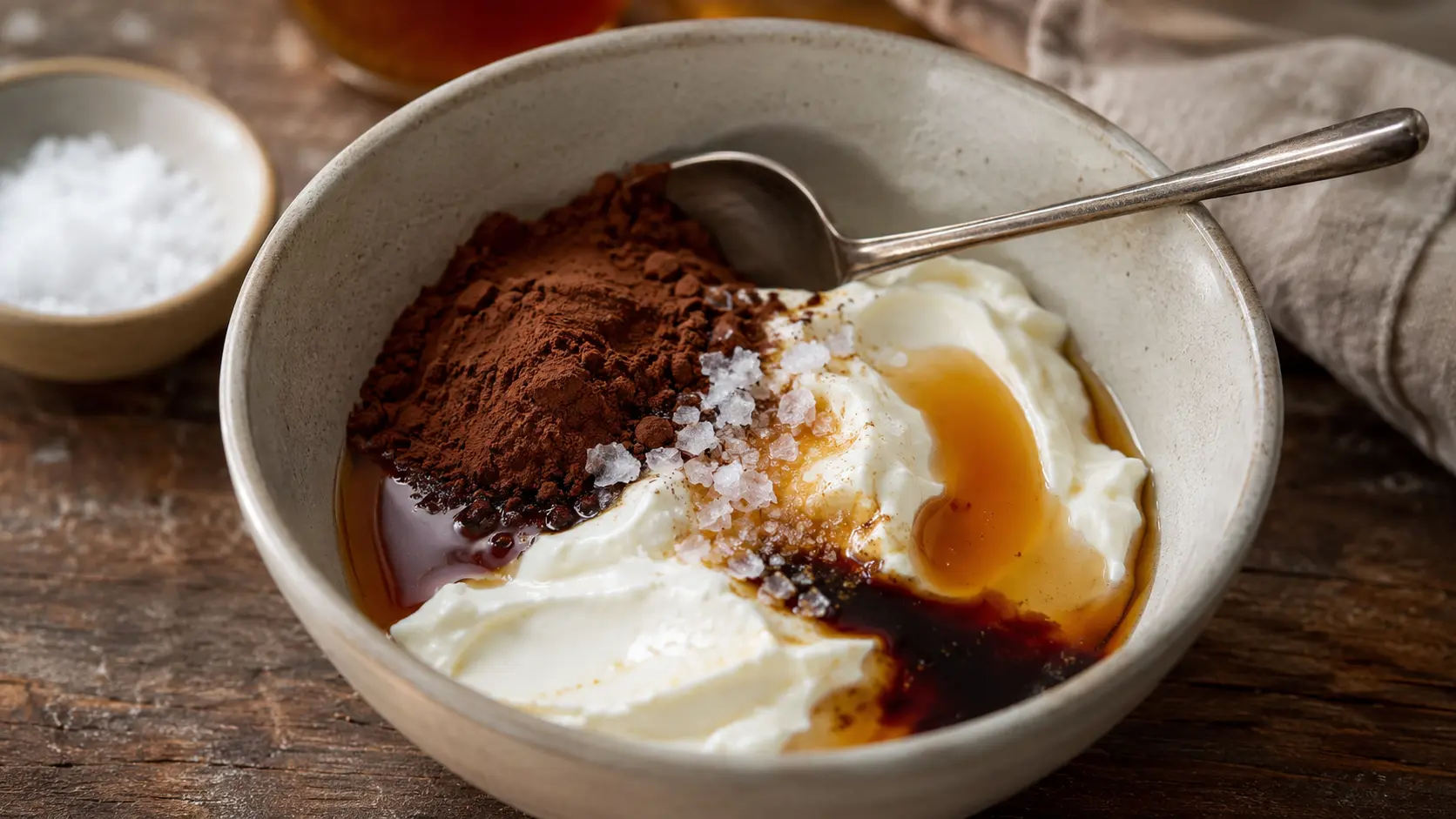 Chocolate Greek Yogurt: Amazing 5-Minute Creamy Dessert Bowl 5 chocolate greek yogurt ingredients added to a mixing bowl