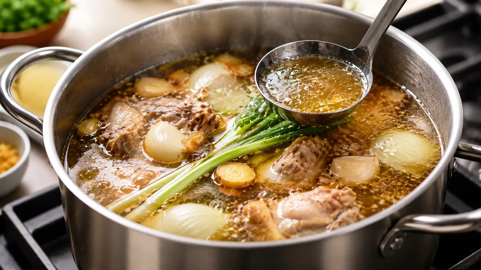 ramen broth recipe served in a white bowl with soft-boiled egg and scallions