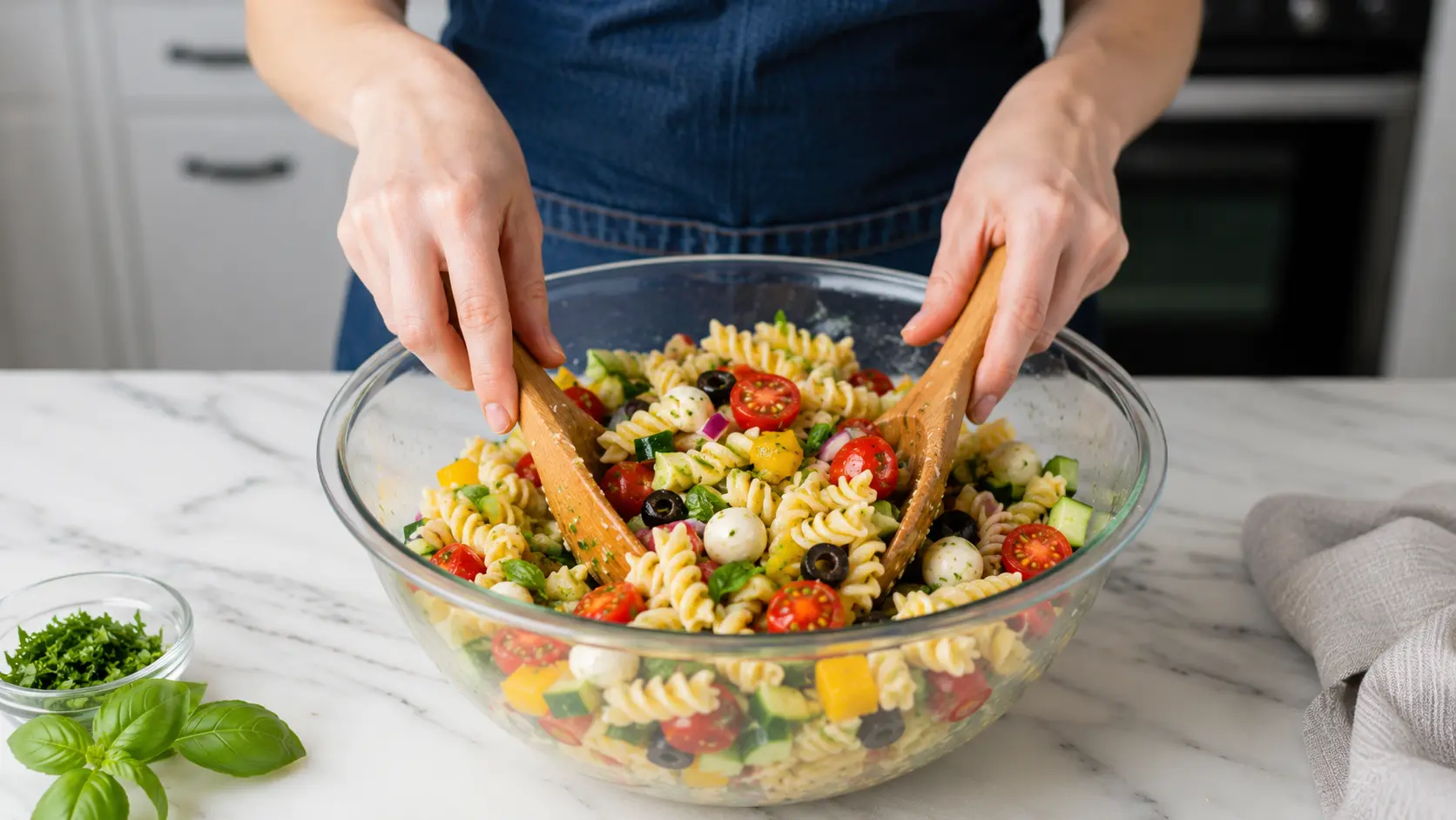 Italian pasta salad served at a summer meal with grilled chicken and vegetables